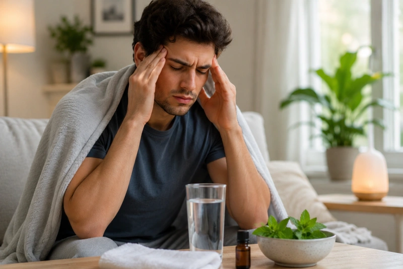 Hombre joven tomándose las sienes por el dolor de cabeza