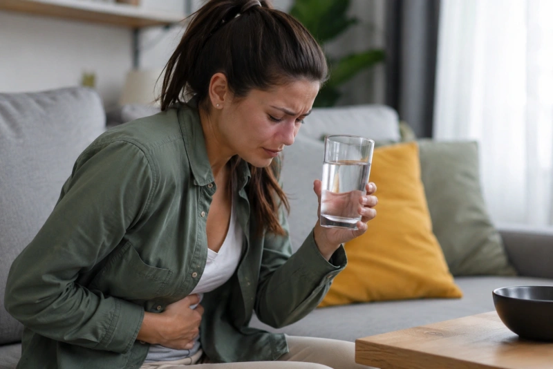 Mujer tomando agua tras un episodio de diarrea