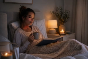 Mujer joven leyendo en su cama antes de dormir relajadamente