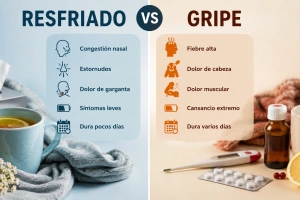 Imagen comparativa de la gripe y resfriado explicando sus síntomas