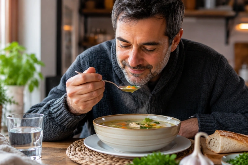 Hombre adulto tomando caldo de pollo y verduras para combatir la gripe