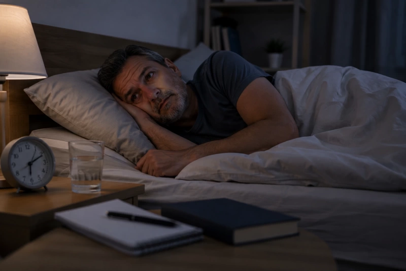 Hombre adulto en su cama con problemas para conciliar el sueño