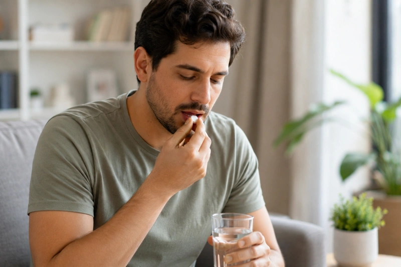 Hombre tomando una pastilla para aliviar un dolor de cabeza leve