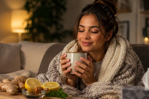 Mujer joven tomando remedios para aliviar gripe y dolor corporal