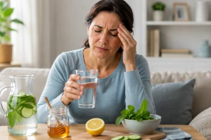 Mujer bebiendo agua para aliviar dolor de cabeza