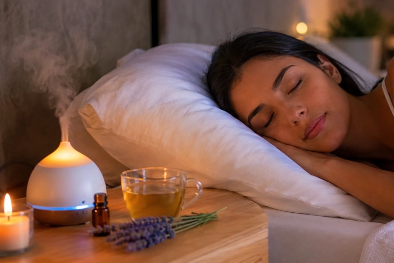 Chica atractiva durmiendo plácidamente utilizando aromaterapia