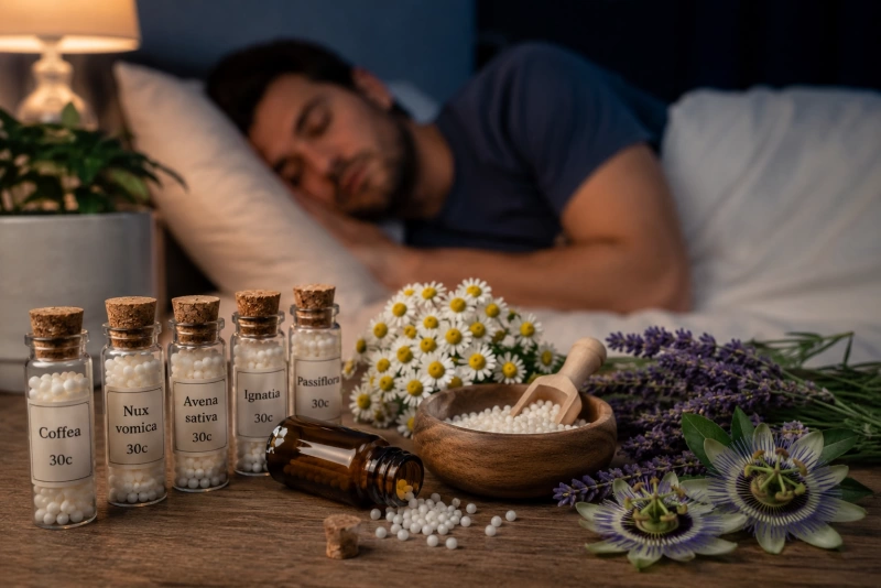 Hombre descansando junto a frascos de remedios homeopáticos para mejorar el sueño