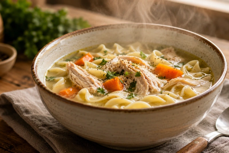 Tazón de sopa de pollo caliente para aliviar la gripe