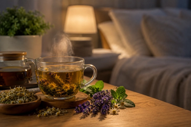 Taza de té natural para un sueño reparador y profundo en un habitación con luz tenue