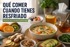 Sopa caliente y té y frutas para aliviar el resfriado