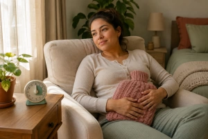 Mujer aplicando compresa caliente para aliviar cólicos menstruales