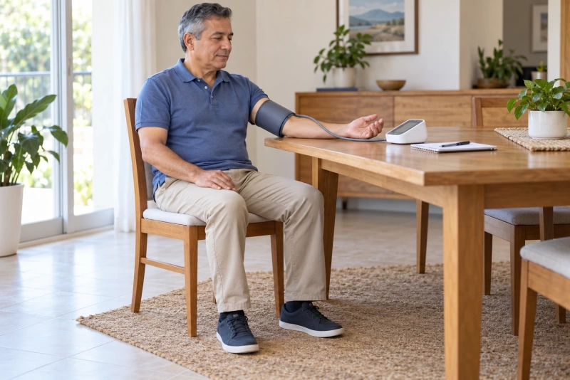 Persona usando un tensiómetro en casa para medir presión arterial