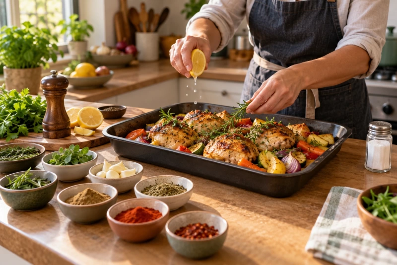 Plato saludable con hierbas y especias como alternativas a la sal