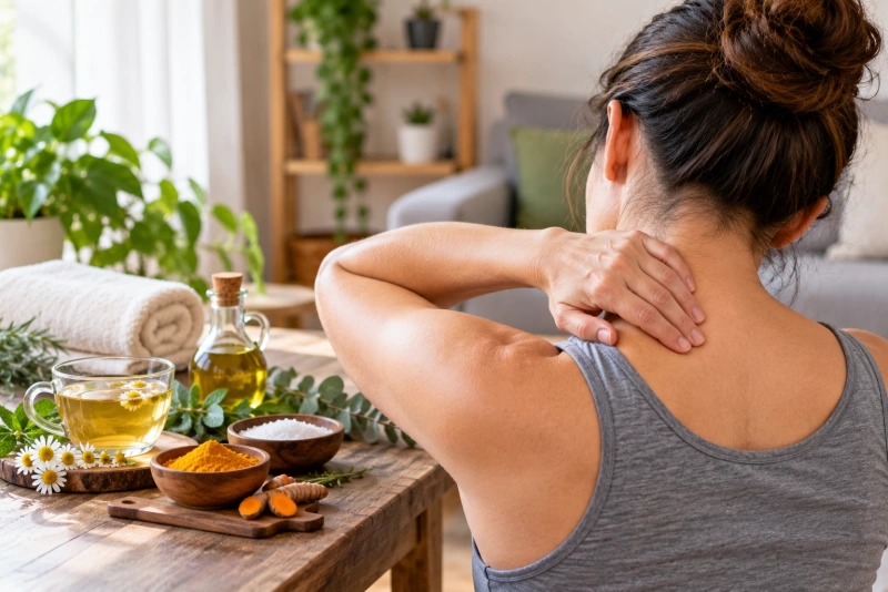 Mujer realizando auto masajes en el cuello